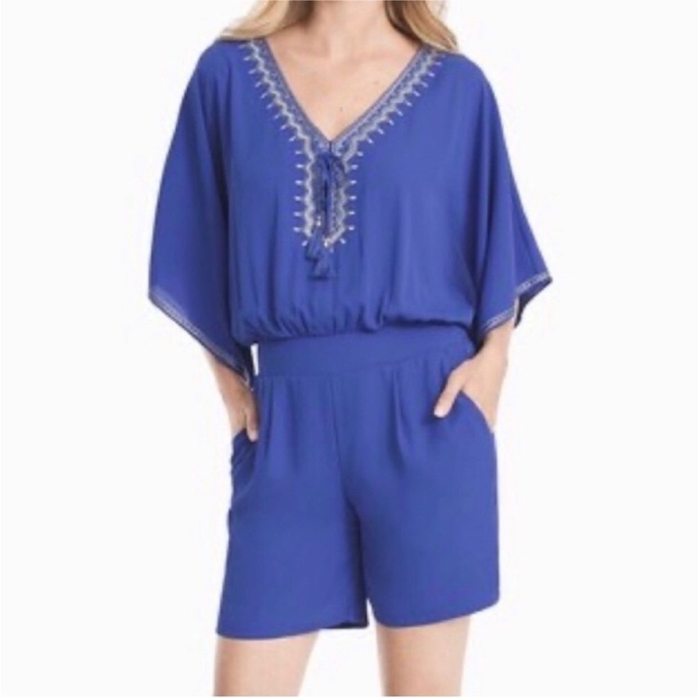 White House Black Market Blue Kimono Sleeve Embroidered Romper